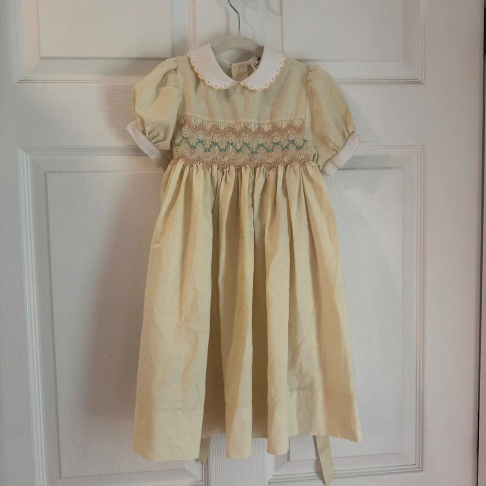 Ladybird Smocked Dress Kids 4-5 Years Yellow Floral Embroidery Vintage Style